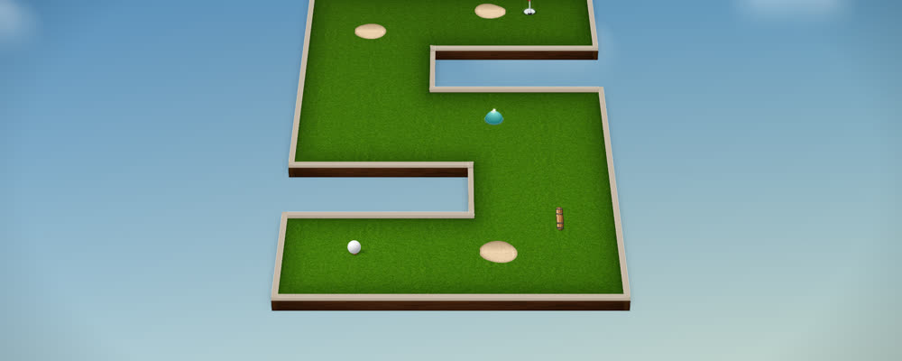 Putt Panic — an isometric mini-golf course with wooden rails, bunkers and a flag