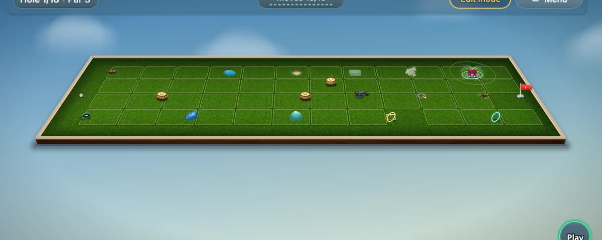 A Putt Panic hole: a wood-rimmed course floating against a bright sky, scattered with bunkers, rocks and bumpers