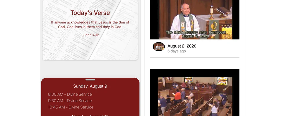 Trinity Church Sheboygan app — verse card, events list and recorded services