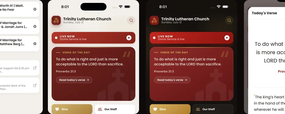 Trinity Church Sheboygan app, version 3 — the home screen in light and dark themes, and the daily verse opened to its full chapter