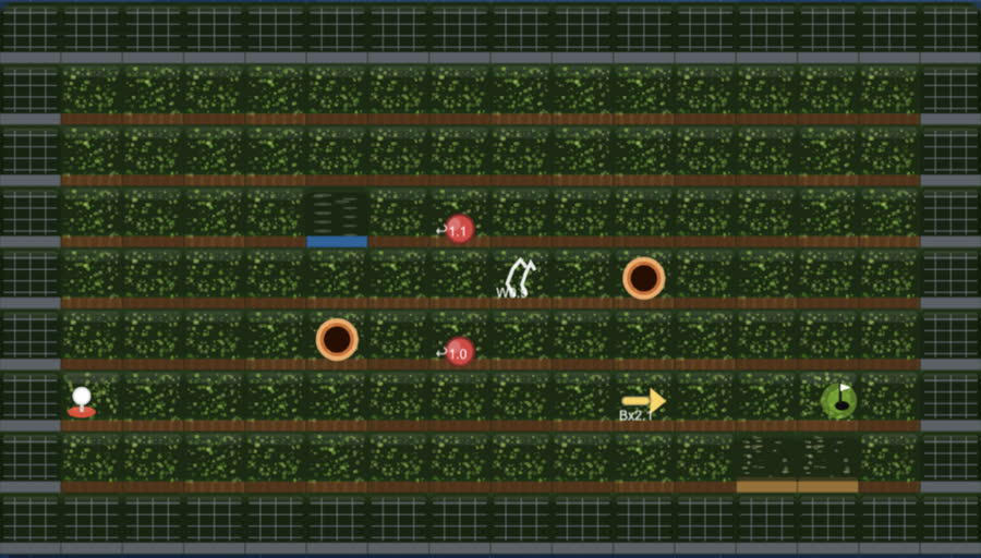A darker top-down prototype titled Row Slider Golf, with textured rows separated by wooden dividers, a tee, a cup and portal markers.