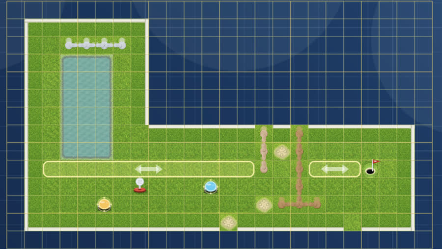 An L-shaped course on a blueprint grid, titled Putt Panic, in edit mode on hole 1 of 18, with draggable lane handles marked by double arrows.