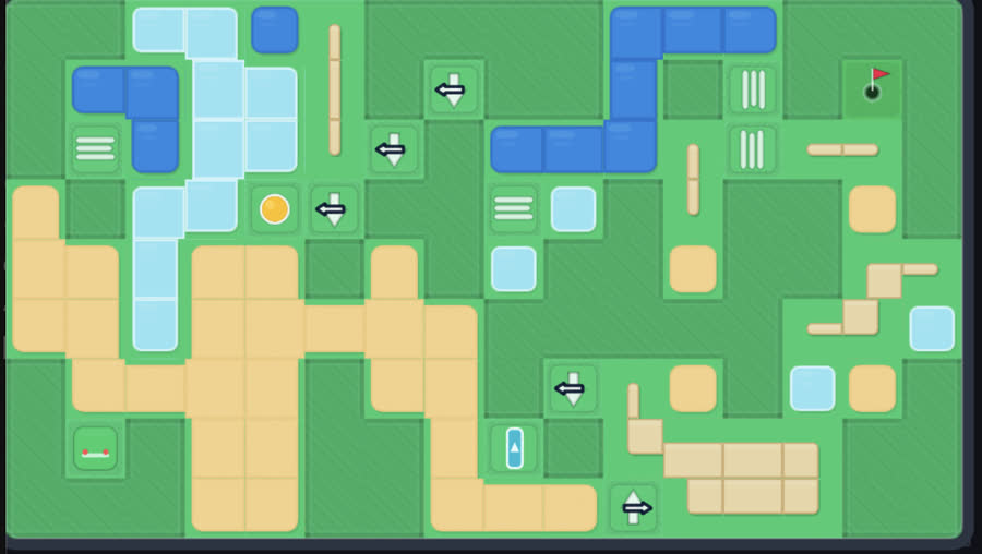 A flat 2D top-down mini-golf board: green tiles, blue water, tan sand, arrow tiles marking which rows and columns slide.
