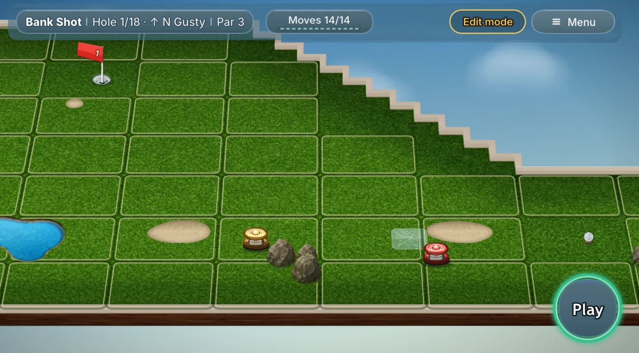 A Putt Panic hole in edit mode: the tile grid, a flag, a pond, sand and rocks, ready for tiles to be slid into place before the putt.