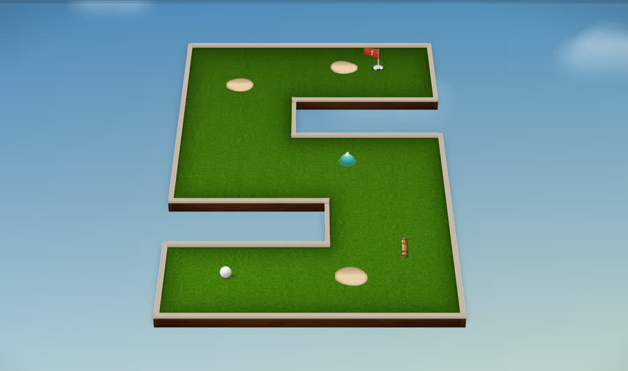 The shipped game rendered in the same isometric style: cream rails, wood skirt, textured turf, bunkers and a flag.