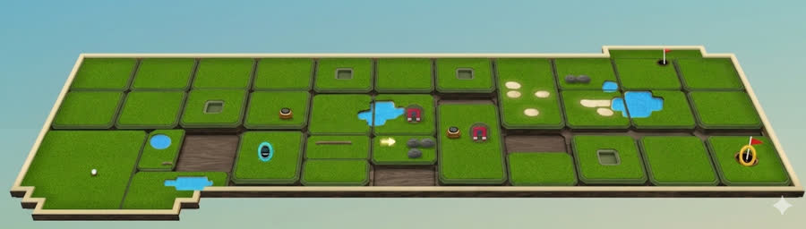 A generated concept image of an isometric mini-golf course with cream rails, a dark wood skirt, grass tiles, ponds and flags.