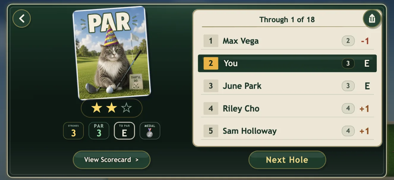 The Putt Panic results screen after hole 1: a PAR card showing a grey cat in a party hat holding a putter, two of three stars, and a green scorecard with the player tied for second.