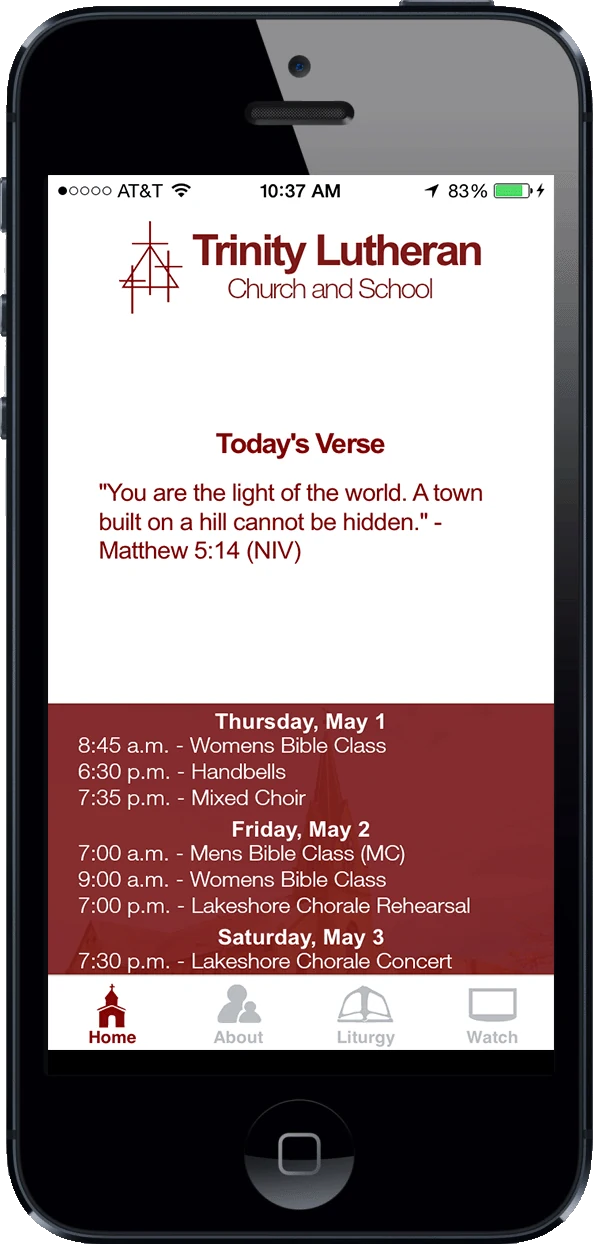Version 1 in 2013: the Trinity Lutheran logo, Today's Verse, the week's events and four tabs.