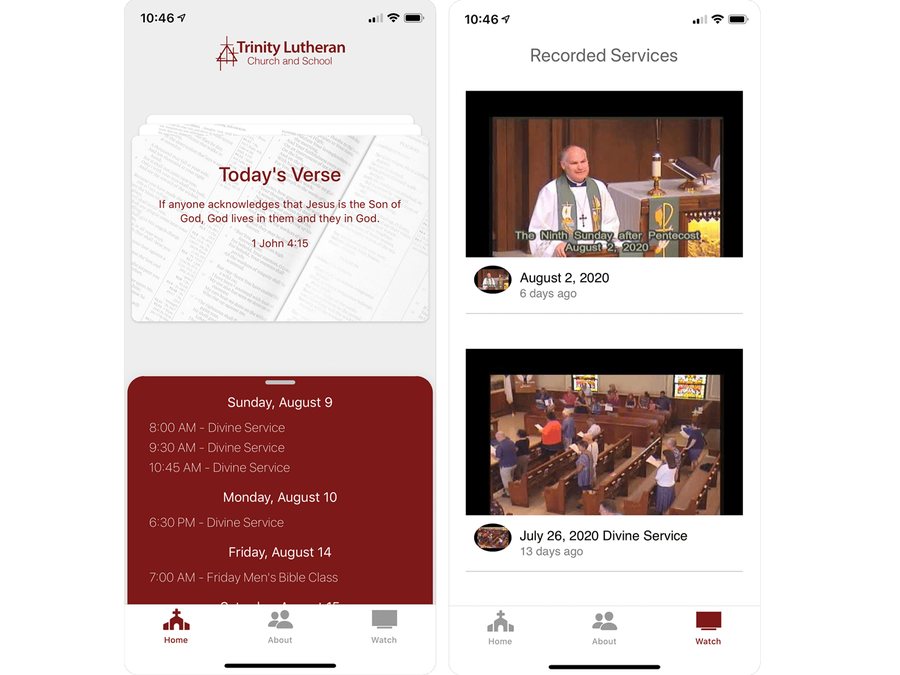 The 2020 rebuild on a modern iPhone: the same verse card and events list, plus a Recorded Services video feed.