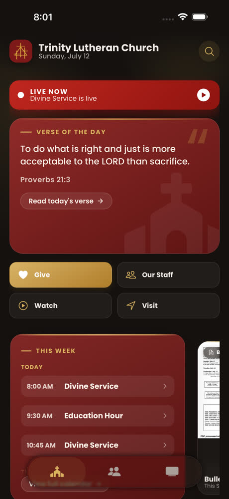 Trinity v3 home screen in dark mode: live-now banner, verse of the day card, a 2x2 quick-action grid and this week's services.