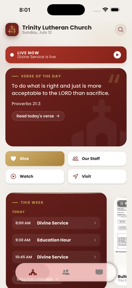 The same home screen in light mode, on a warm cream background with white cards.