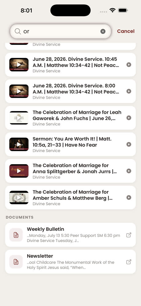 Search results showing matching videos and, under a Documents heading, the Weekly Bulletin and Newsletter matched on text pulled from inside the PDFs.