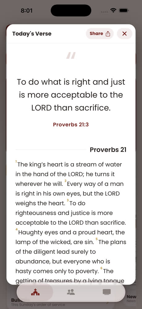 Today's Verse sheet showing the verse, its reference, and the full surrounding chapter with numbered verses.
